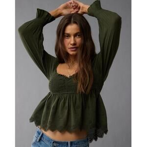 American Eagle Women's Black Long Sleeve Smocked Babydoll Blouse Size S